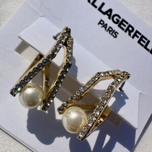 Karl Lagerfeld Paris Crystal & Faux Pearl Gold Split Hoop Earrings NWT